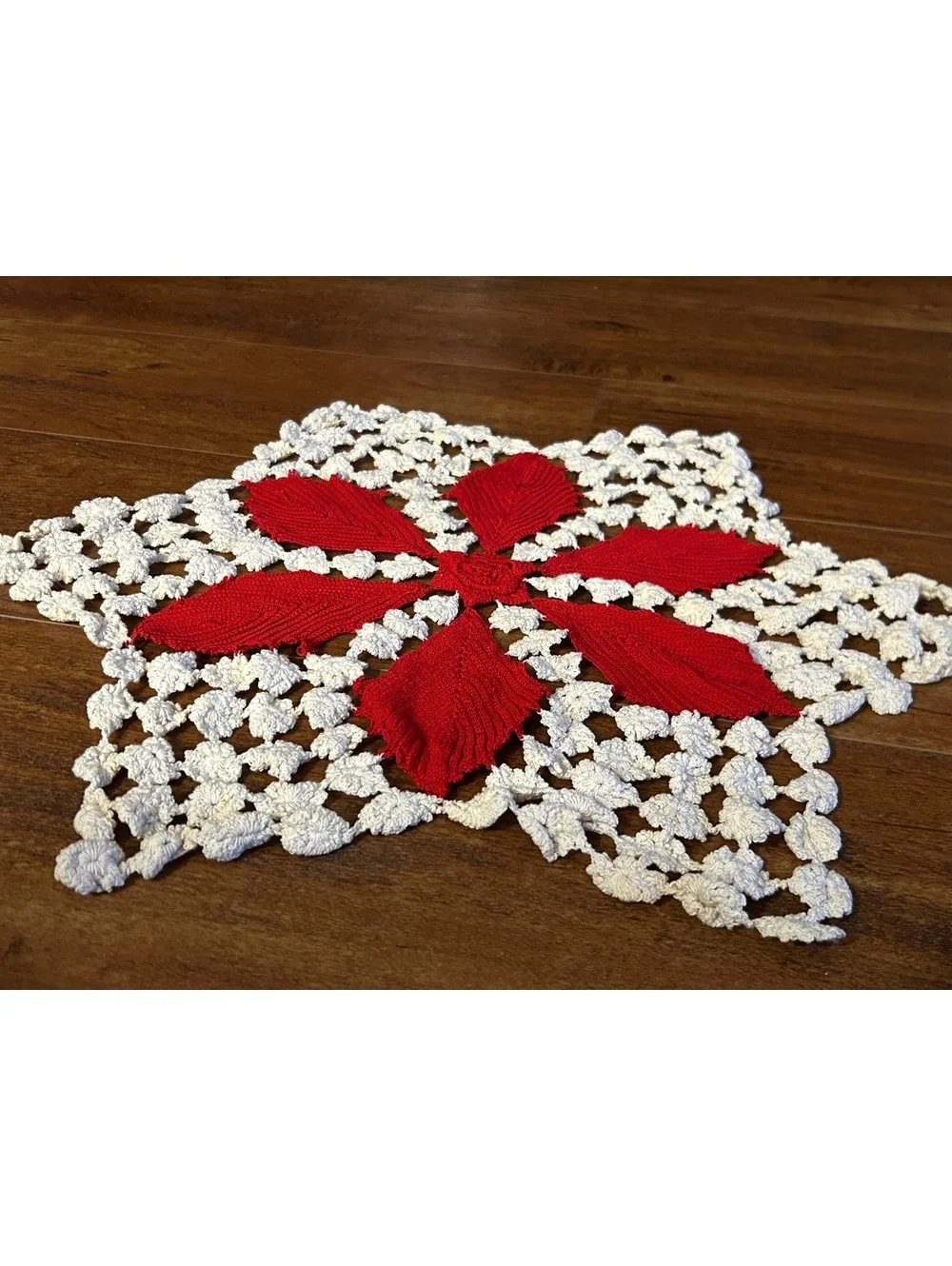 Vintage Handmade Crochet Doily with Red Floral Design